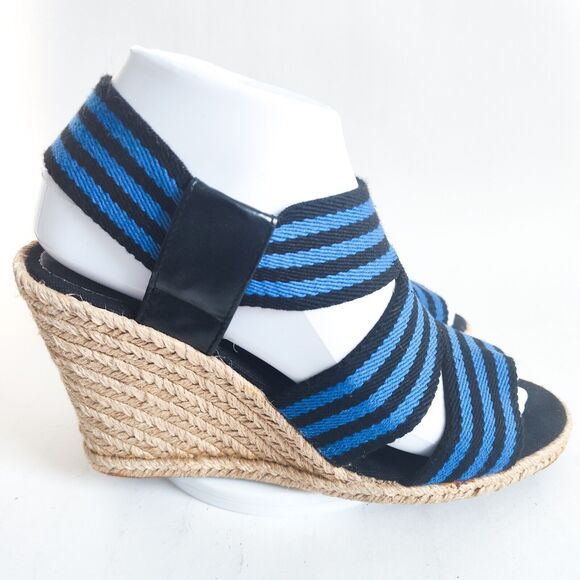 Tahari Espadrille Platform Wedges Ankle Strap Blue Black Stripe Sandals Size 7.5 - Picture 1 of 9